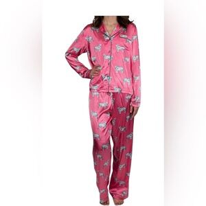 Mary Square The Cat's Pajamas Tiger Pink Button Up Satin Pajama Set Size Large